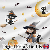 Halloween Witch Girl with Black Cats Moon and Stars Light Grey Digital Print Fabric by the Metre UK Sewing Quilting Textile