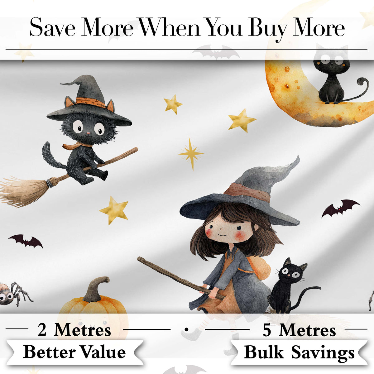 Halloween Witch Girl with Black Cats Moon and Stars Light Grey Digital Print Fabric by the Metre UK Sewing Quilting Textile
