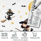 Halloween Witch Girl with Black Cats Moon and Stars Light Grey Digital Print Fabric by the Metre UK Sewing Quilting Textile