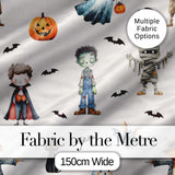 Halloween Zombie Mummy Vampire and Bat Characters Light Grey  Digital Print Fabric by the Metre UK Sewing Quilting Textile