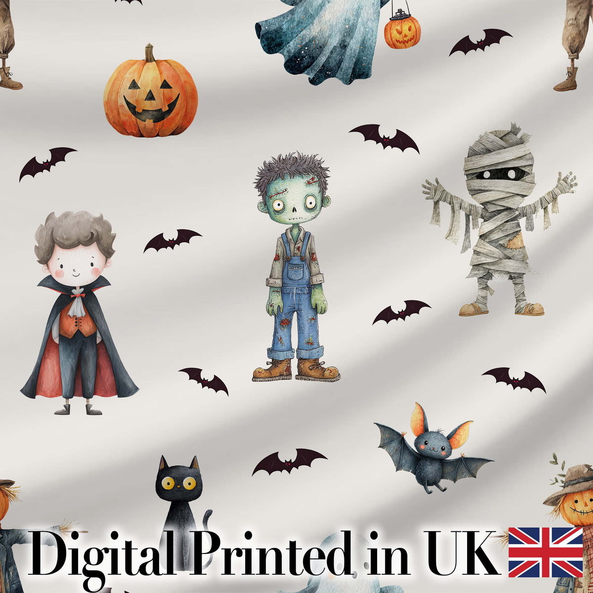 Halloween Zombie Mummy Vampire and Bat Characters Light Grey  Digital Print Fabric by the Metre UK Sewing Quilting Textile