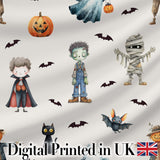 Halloween Zombie Mummy Vampire and Bat Characters Light Grey  Digital Print Fabric by the Metre UK Sewing Quilting Textile