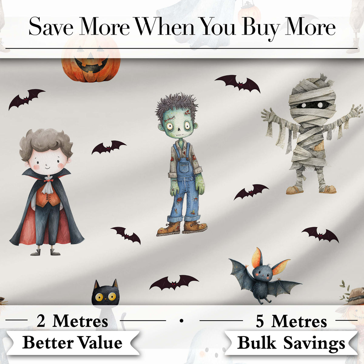 Halloween Zombie Mummy Vampire and Bat Characters Light Grey  Digital Print Fabric by the Metre UK Sewing Quilting Textile