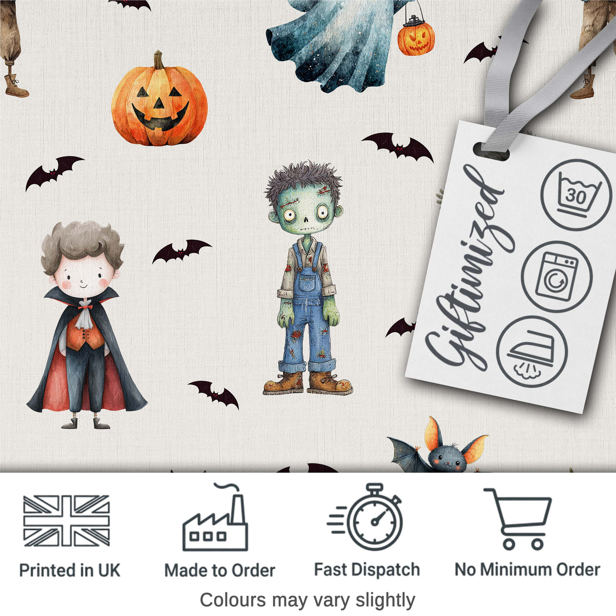 Halloween Zombie Mummy Vampire and Bat Characters Light Grey  Digital Print Fabric by the Metre UK Sewing Quilting Textile