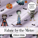 Halloween Zombie Mummy Vampire and Bat Characters Purple Background   Digital Print Fabric by the Metre UK Sewing Quilting Textile