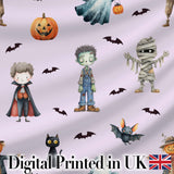 Halloween Zombie Mummy Vampire and Bat Characters Purple Background   Digital Print Fabric by the Metre UK Sewing Quilting Textile