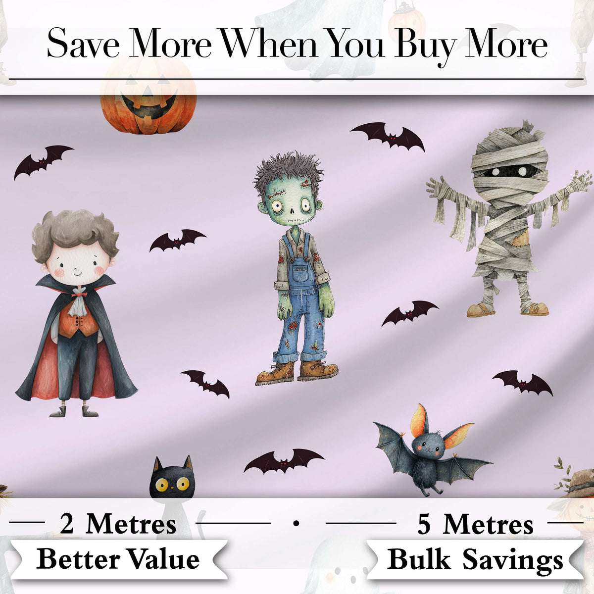 Halloween Zombie Mummy Vampire and Bat Characters Purple Background   Digital Print Fabric by the Metre UK Sewing Quilting Textile