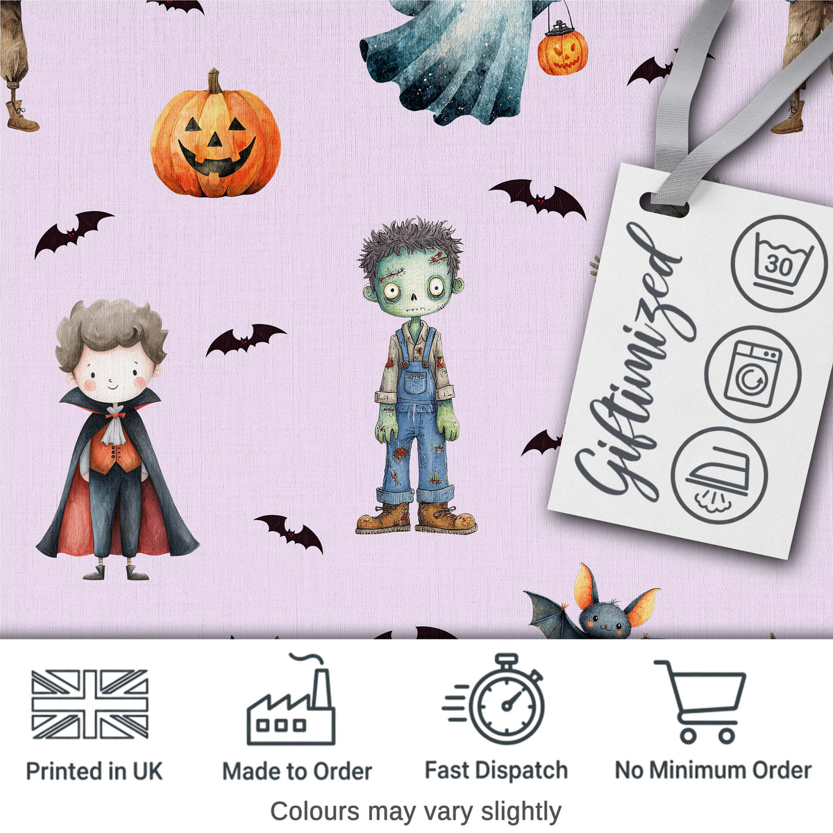Halloween Zombie Mummy Vampire and Bat Characters Purple Background   Digital Print Fabric by the Metre UK Sewing Quilting Textile