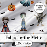 Halloween Zombie Mummy Vampire and Bat Characters Grey Background   Digital Print Fabric by the Metre UK Sewing Quilting Textile