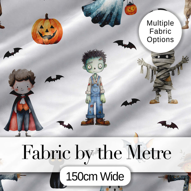 Halloween Zombie Mummy Vampire and Bat Characters Grey Background   Digital Print Fabric by the Metre UK Sewing Quilting Textile
