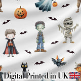 Halloween Zombie Mummy Vampire and Bat Characters Grey Background   Digital Print Fabric by the Metre UK Sewing Quilting Textile