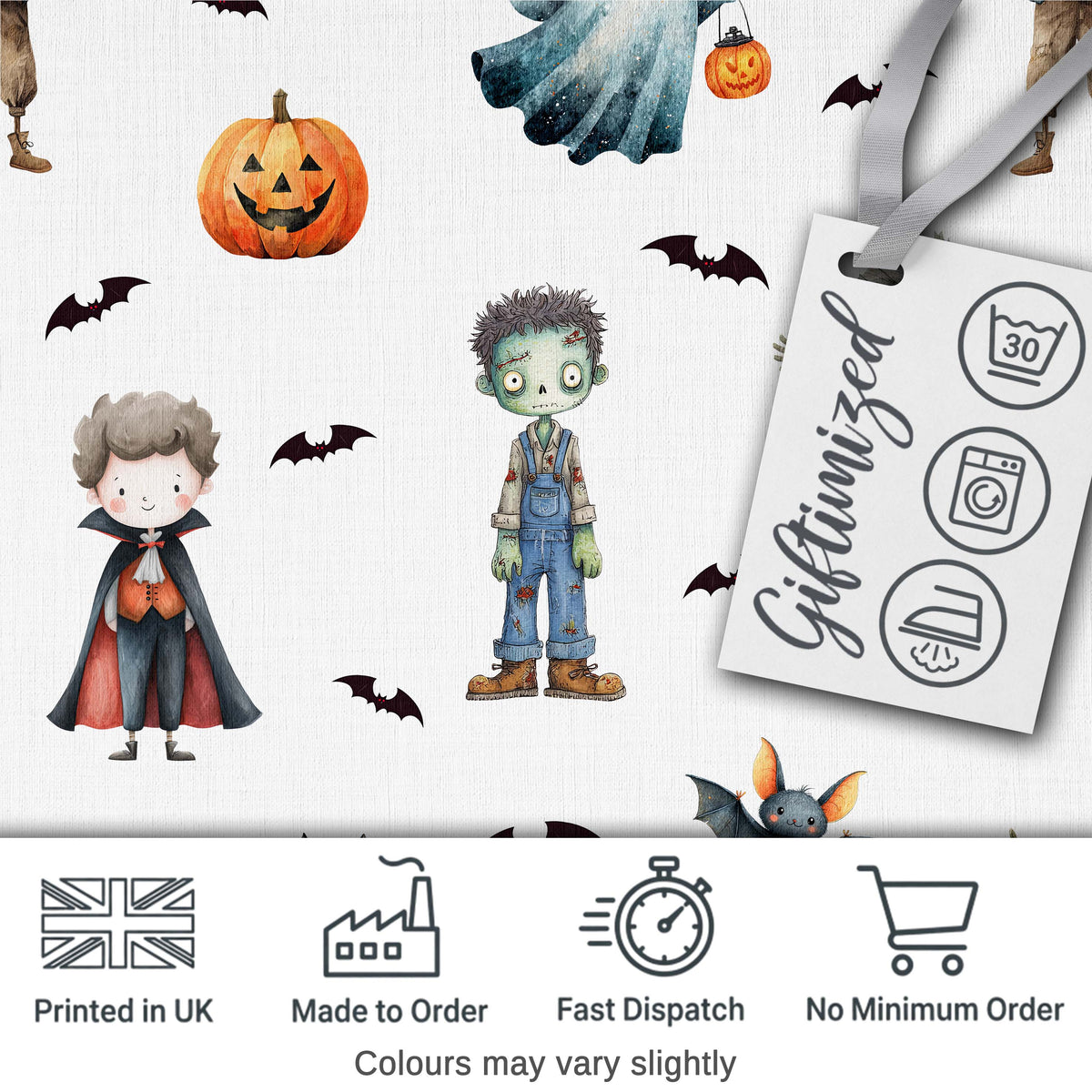 Halloween Zombie Mummy Vampire and Bat Characters Grey Background   Digital Print Fabric by the Metre UK Sewing Quilting Textile