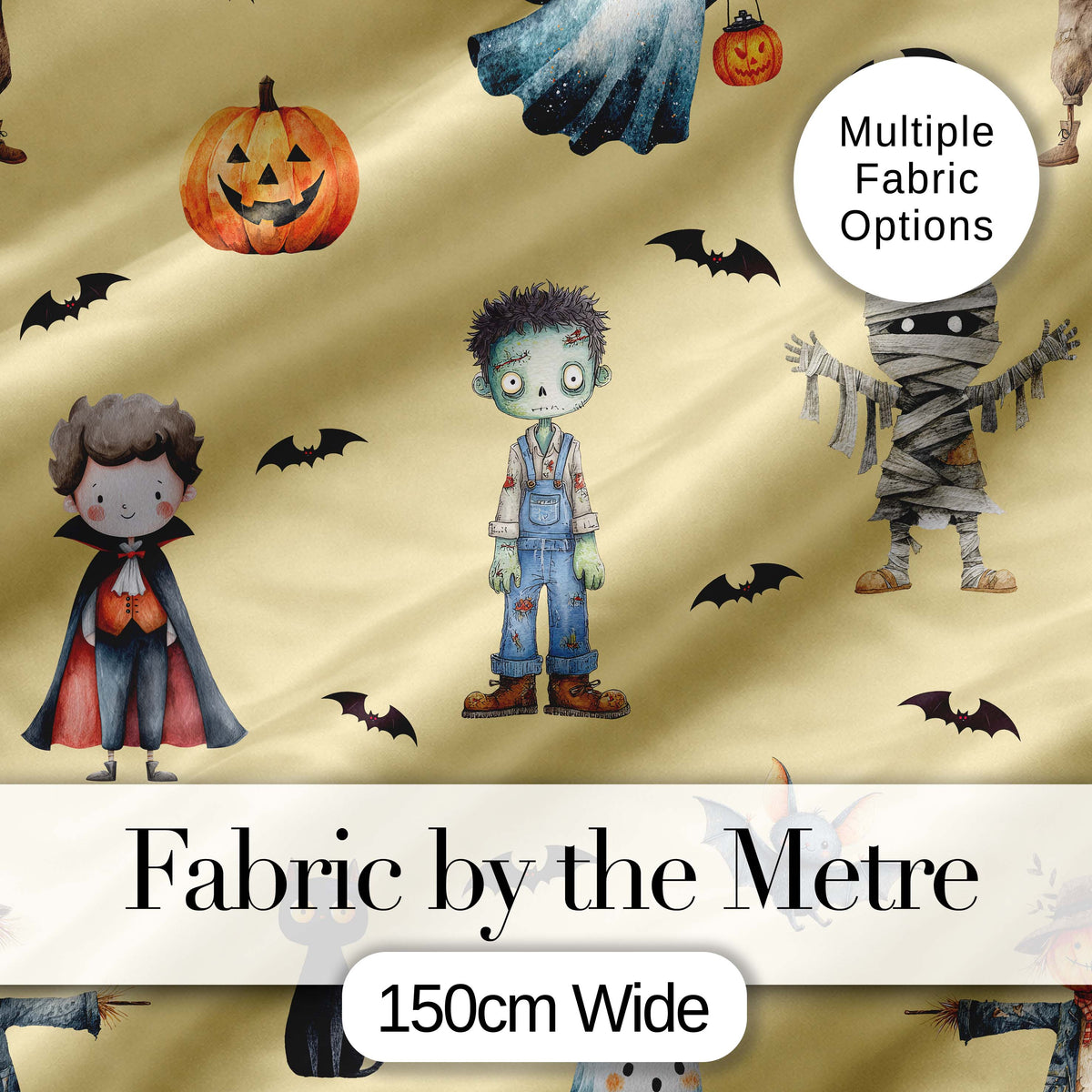 Halloween Zombie Mummy Vampire and Bat Characters Yellow Background   Digital Print Fabric by the Metre UK Sewing Quilting Textile
