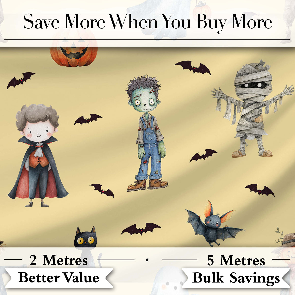 Halloween Zombie Mummy Vampire and Bat Characters Yellow Background   Digital Print Fabric by the Metre UK Sewing Quilting Textile