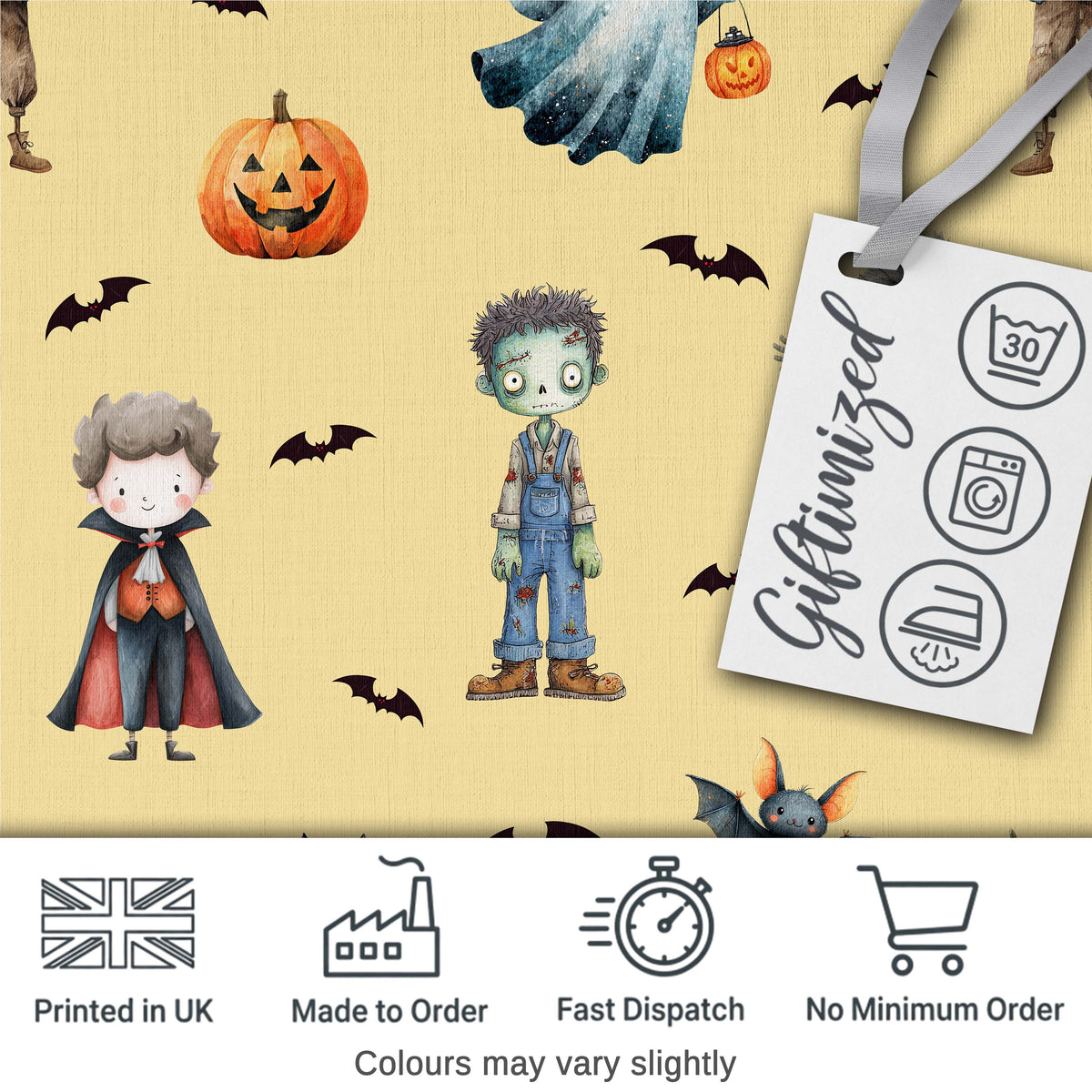 Halloween Zombie Mummy Vampire and Bat Characters Yellow Background   Digital Print Fabric by the Metre UK Sewing Quilting Textile
