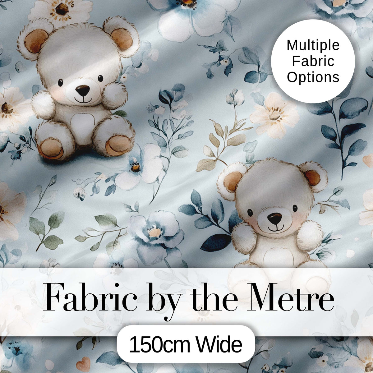 Cute Teddy Bears with Soft Blue Floral Background Seamless Pattern Digital Print Fabric by the Metre UK Sewing Quilting Textile