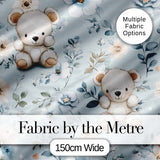 Cute Teddy Bears with Soft Blue Floral Background Seamless Pattern Digital Print Fabric by the Metre UK Sewing Quilting Textile