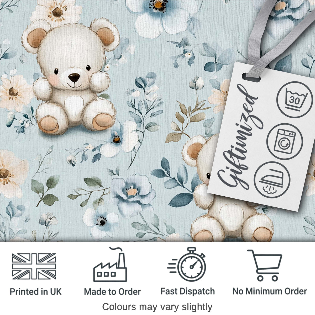 Cute Teddy Bears with Soft Blue Floral Background Seamless Pattern Digital Print Fabric by the Metre UK Sewing Quilting Textile