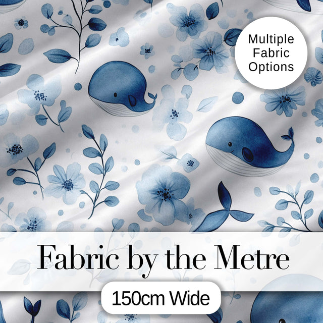 Cute Blue Whale with Floral Background Seamless Pattern Digital Print Fabric by the Metre UK Sewing Quilting Textile