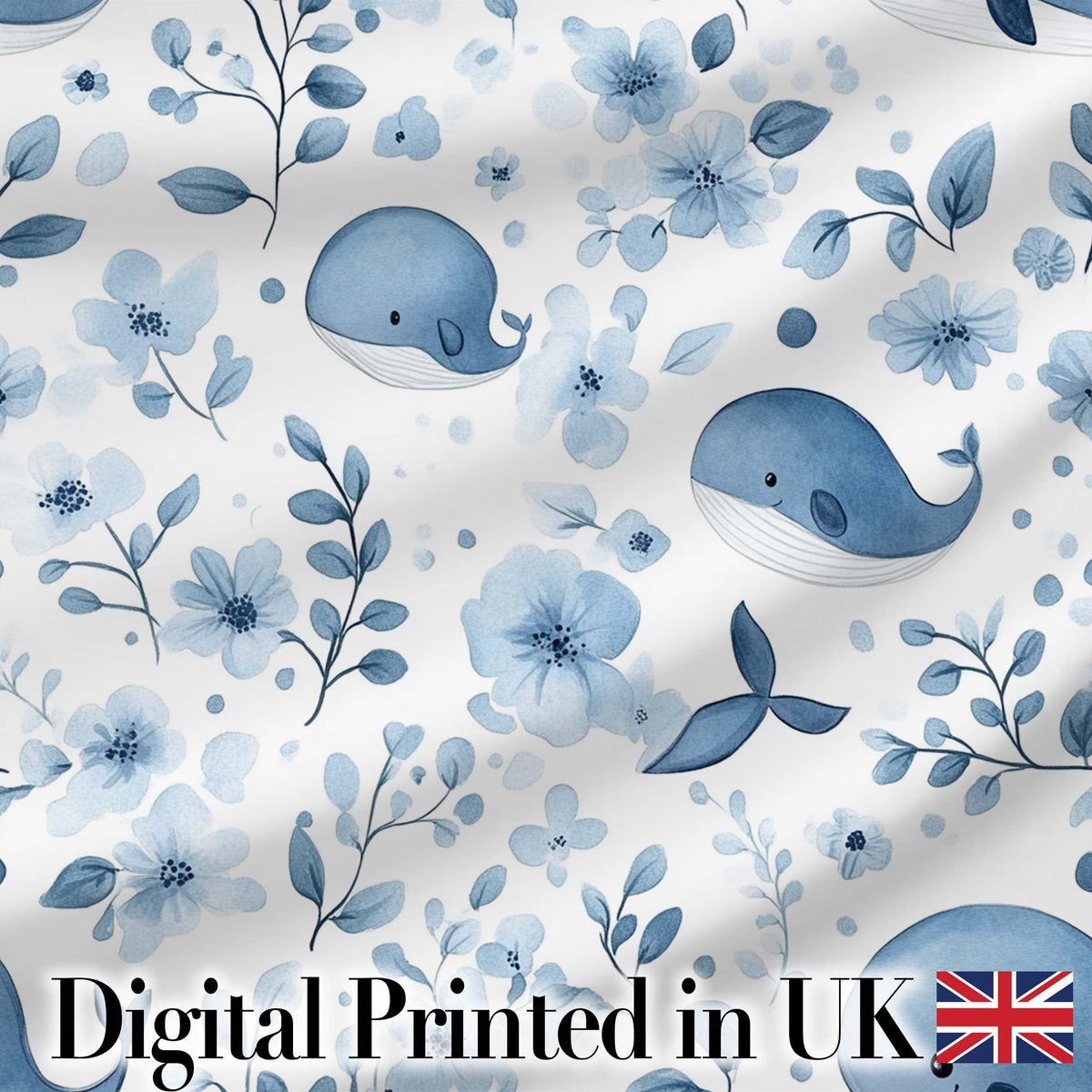 Cute Blue Whale with Floral Background Seamless Pattern Digital Print Fabric by the Metre UK Sewing Quilting Textile