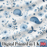 Cute Blue Whale with Floral Background Seamless Pattern Digital Print Fabric by the Metre UK Sewing Quilting Textile