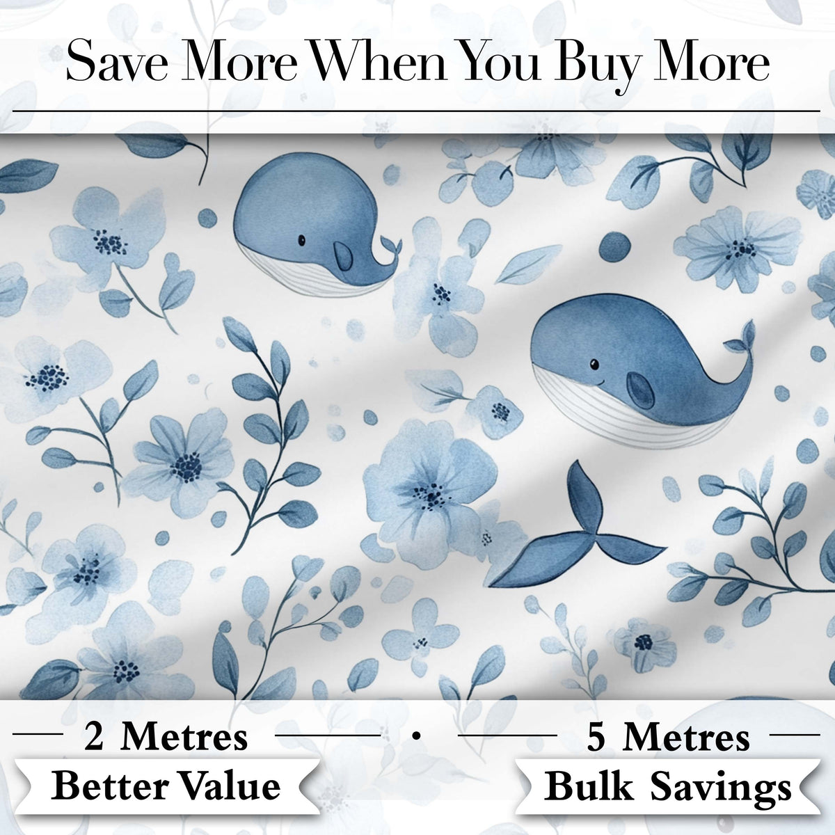 Cute Blue Whale with Floral Background Seamless Pattern Digital Print Fabric by the Metre UK Sewing Quilting Textile