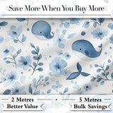 Cute Blue Whale with Floral Background Seamless Pattern Digital Print Fabric by the Metre UK Sewing Quilting Textile