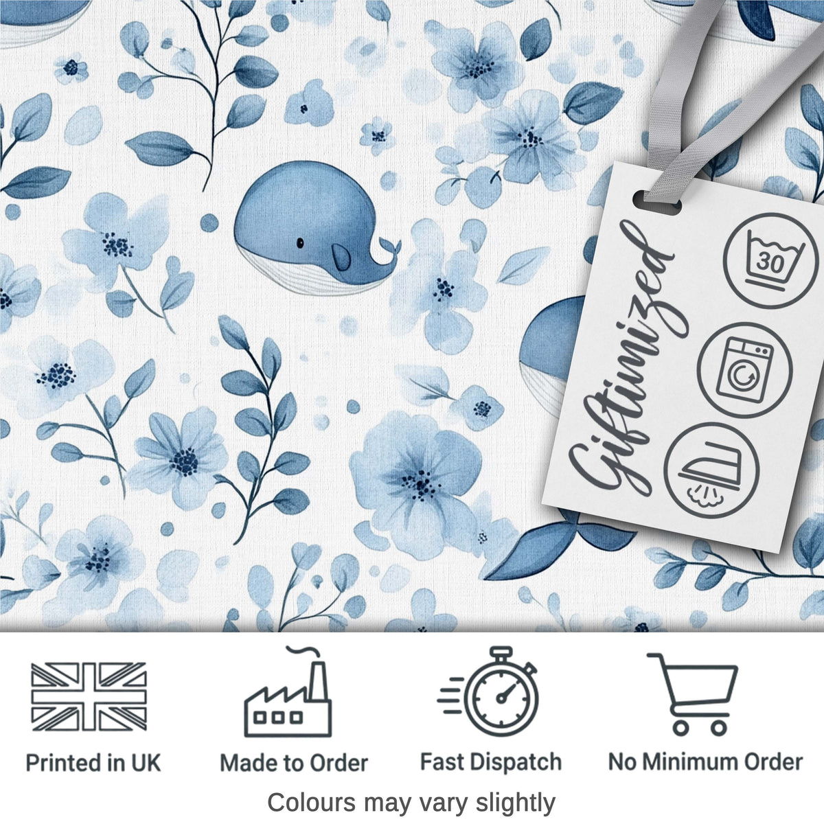 Cute Blue Whale with Floral Background Seamless Pattern Digital Print Fabric by the Metre UK Sewing Quilting Textile