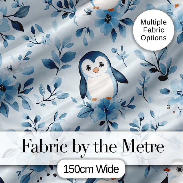 Cute Penguin with Blue Floral Background Seamless Pattern Digital Print Fabric by the Metre UK Sewing Quilting Textile