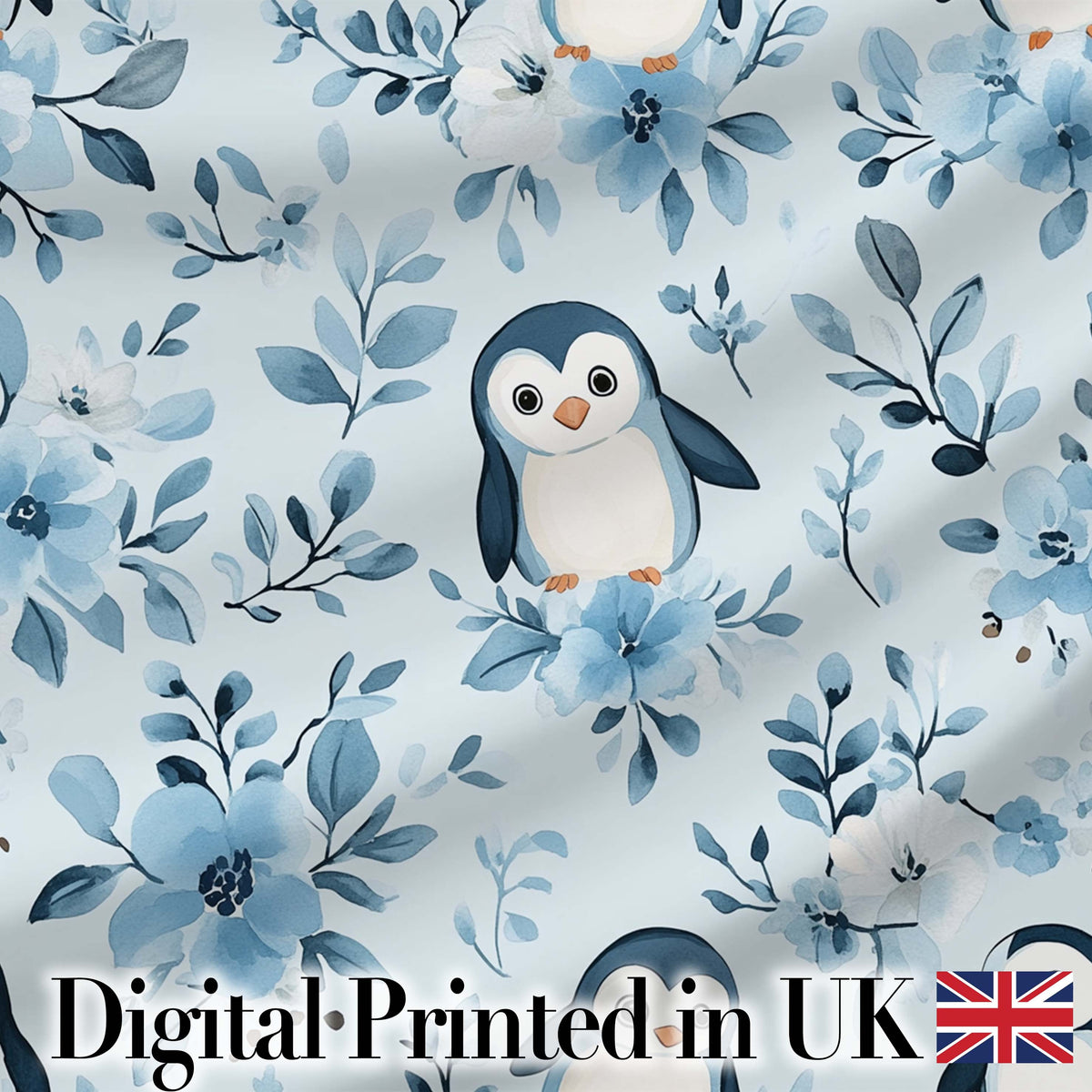 Cute Penguin with Blue Floral Background Seamless Pattern Digital Print Fabric by the Metre UK Sewing Quilting Textile