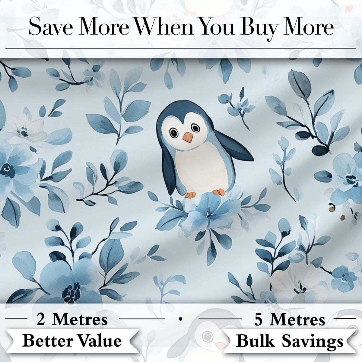 Cute Penguin with Blue Floral Background Seamless Pattern Digital Print Fabric by the Metre UK Sewing Quilting Textile