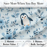 Cute Penguin with Blue Floral Background Seamless Pattern Digital Print Fabric by the Metre UK Sewing Quilting Textile
