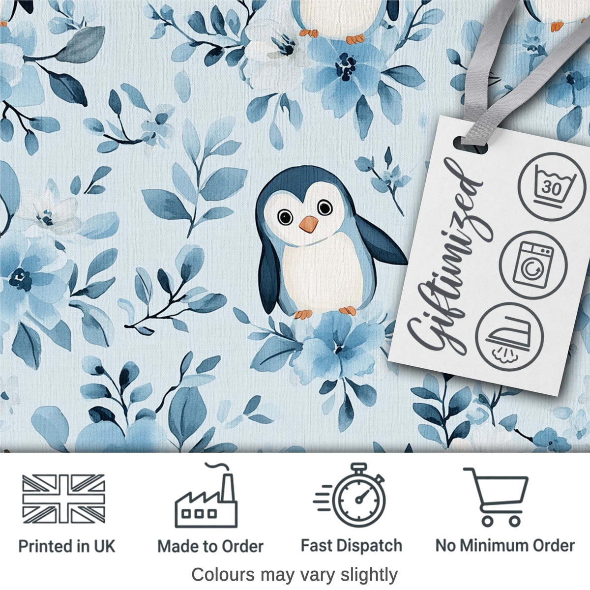 Cute Penguin with Blue Floral Background Seamless Pattern Digital Print Fabric by the Metre UK Sewing Quilting Textile