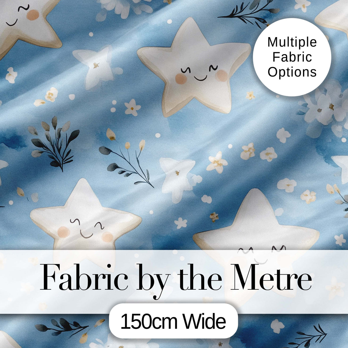 Cute Smiling Starfish with Soft Blue Floral Background Seamless Pattern Digital Print Fabric by the Metre UK Sewing Quilting Textile