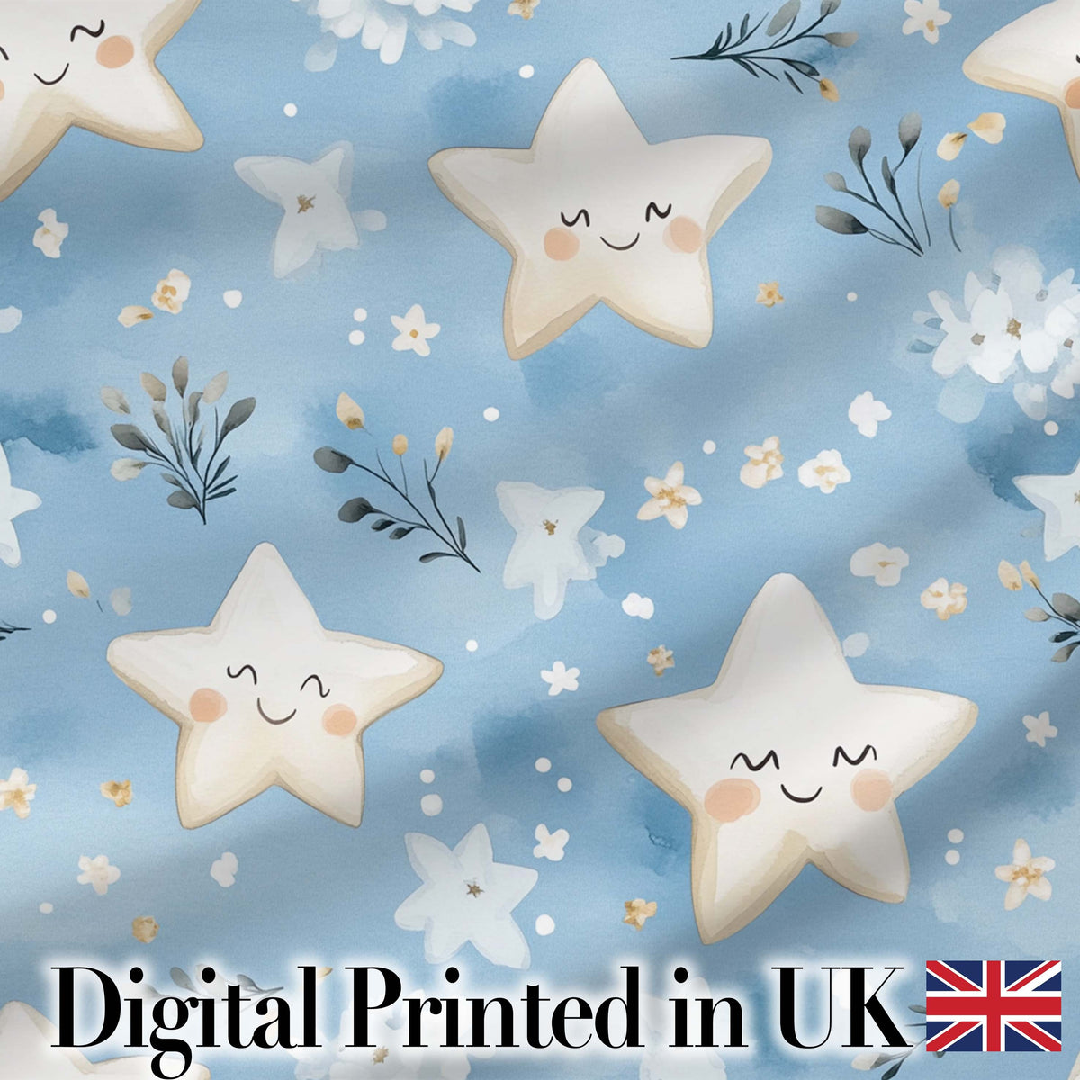 Cute Smiling Starfish with Soft Blue Floral Background Seamless Pattern Digital Print Fabric by the Metre UK Sewing Quilting Textile