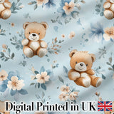 Cute Teddy Bears with Blue Floral Background Seamless Pattern Digital Print Fabric by the Metre UK Sewing Quilting Textile