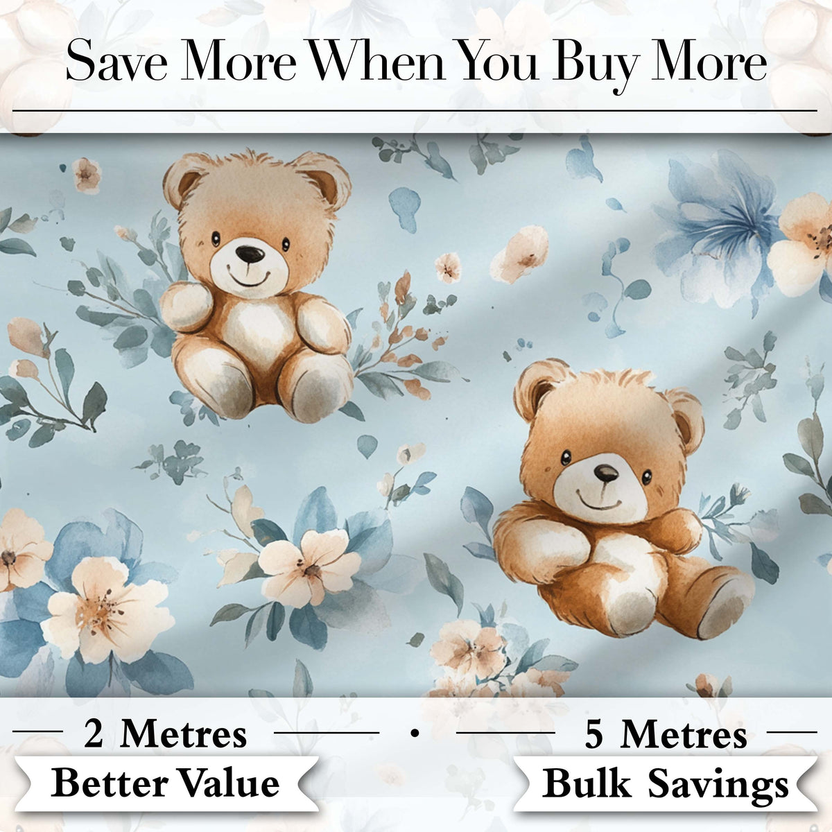 Cute Teddy Bears with Blue Floral Background Seamless Pattern Digital Print Fabric by the Metre UK Sewing Quilting Textile