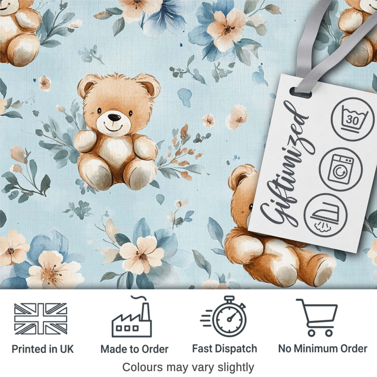 Cute Teddy Bears with Blue Floral Background Seamless Pattern Digital Print Fabric by the Metre UK Sewing Quilting Textile