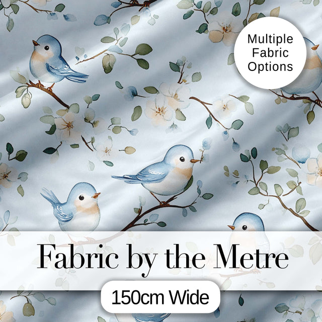 Cute Blue Birds on Floral Branches Soft Background Seamless Pattern Digital Print Fabric by the Metre UK Sewing Quilting Textile