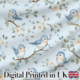 Cute Blue Birds on Floral Branches Soft Background Seamless Pattern Digital Print Fabric by the Metre UK Sewing Quilting Textile