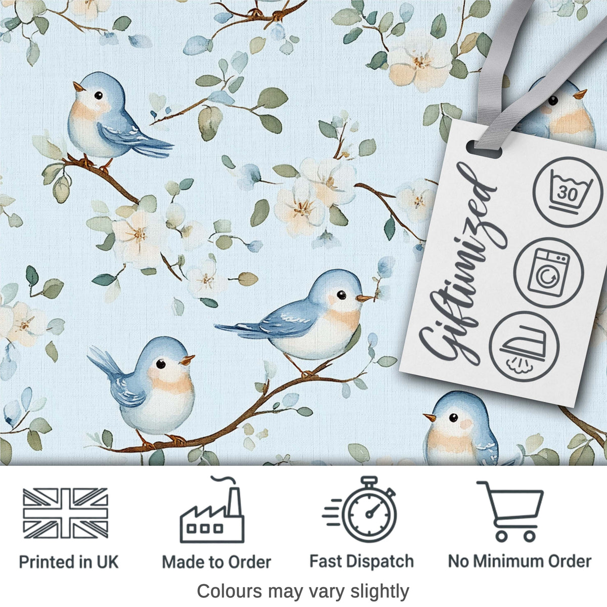 Cute Blue Birds on Floral Branches Soft Background Seamless Pattern Digital Print Fabric by the Metre UK Sewing Quilting Textile
