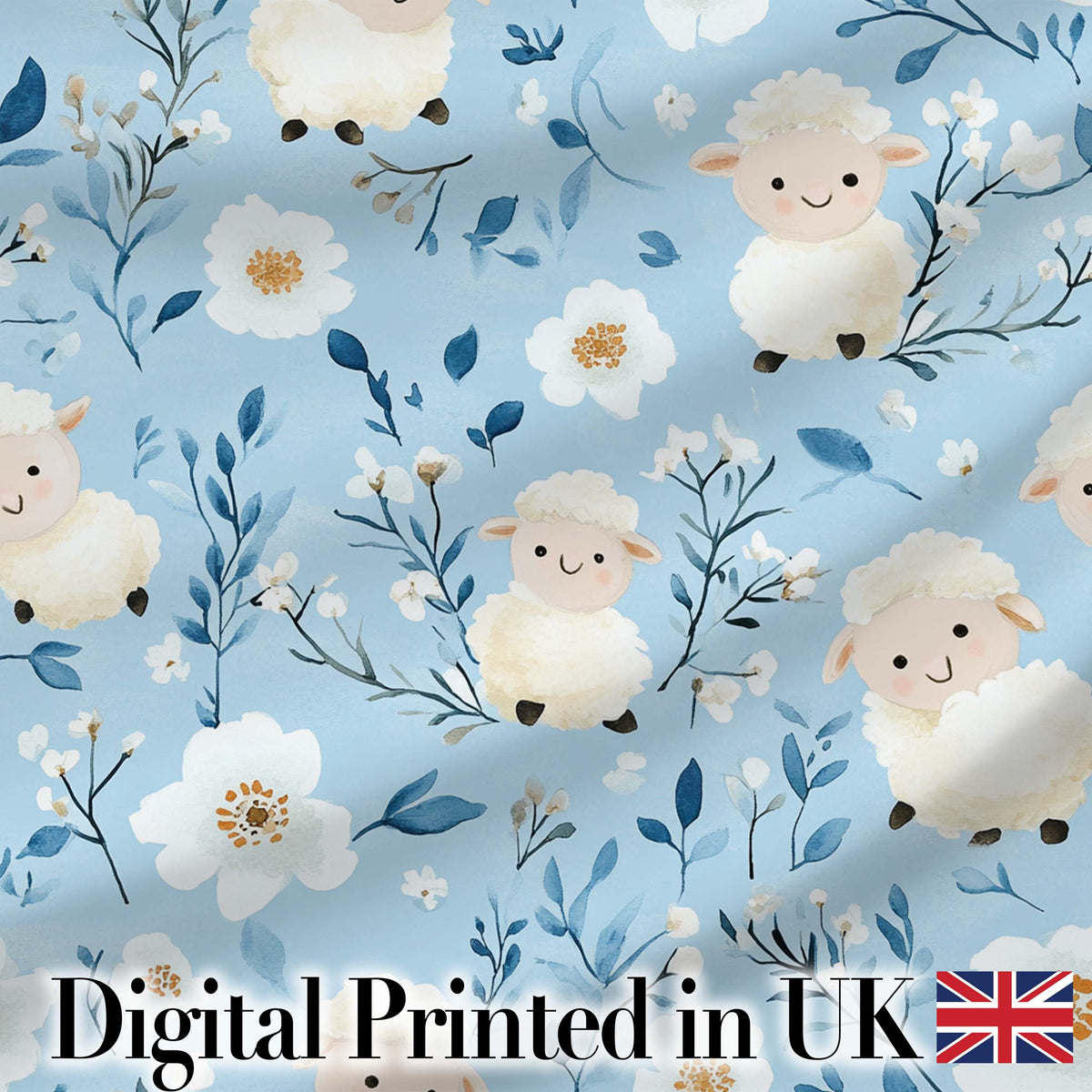 Cute Baby Sheep Lambs with Blue Floral Background Seamless Pattern Digital Print Fabric by the Metre UK Sewing Quilting Textile
