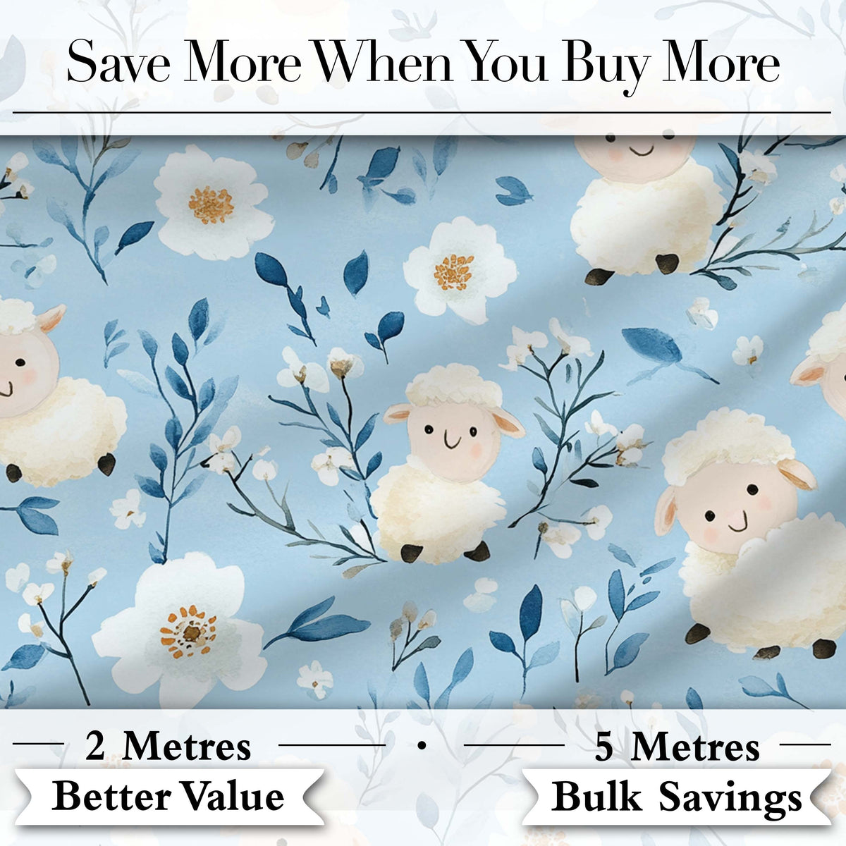 Cute Baby Sheep Lambs with Blue Floral Background Seamless Pattern Digital Print Fabric by the Metre UK Sewing Quilting Textile