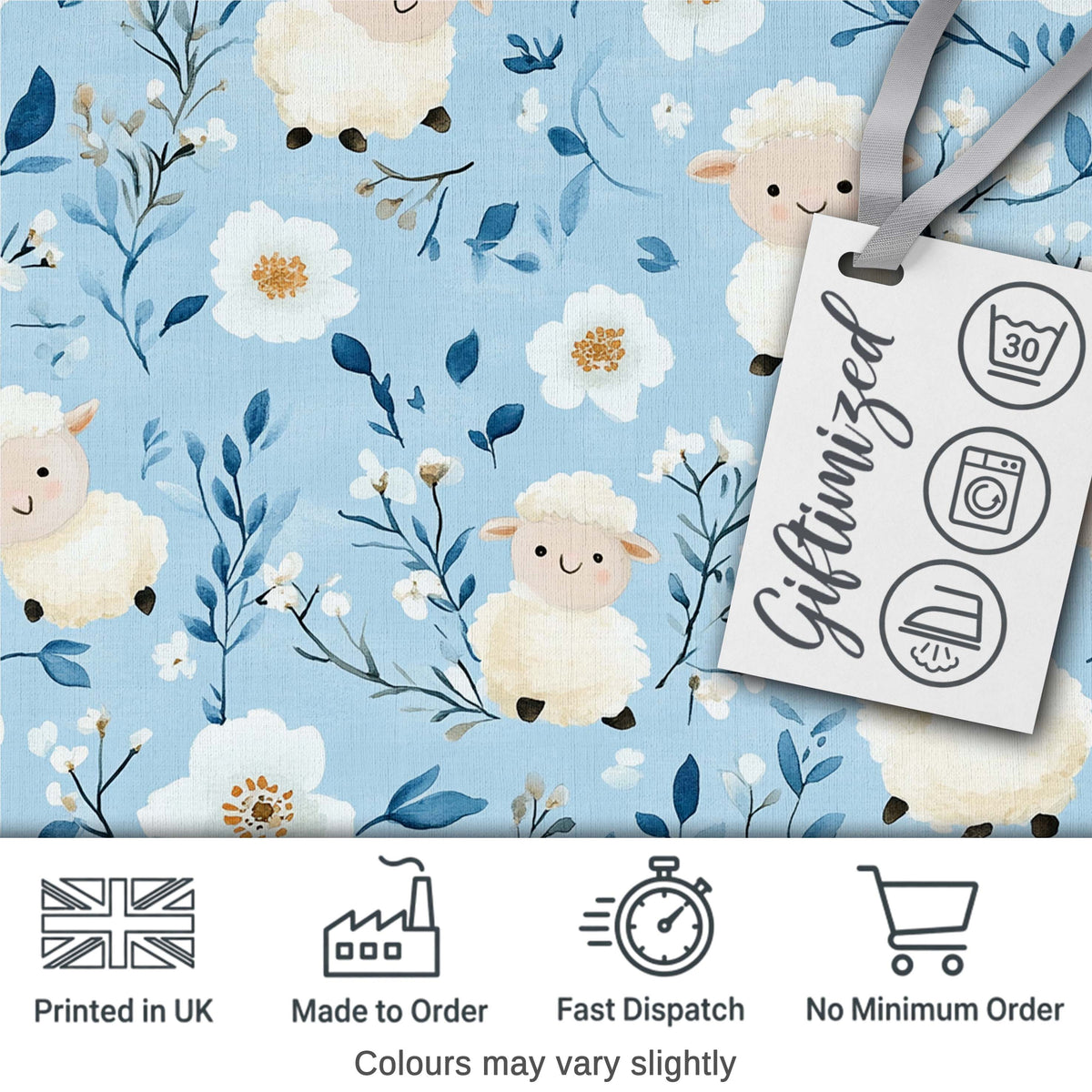 Cute Baby Sheep Lambs with Blue Floral Background Seamless Pattern Digital Print Fabric by the Metre UK Sewing Quilting Textile