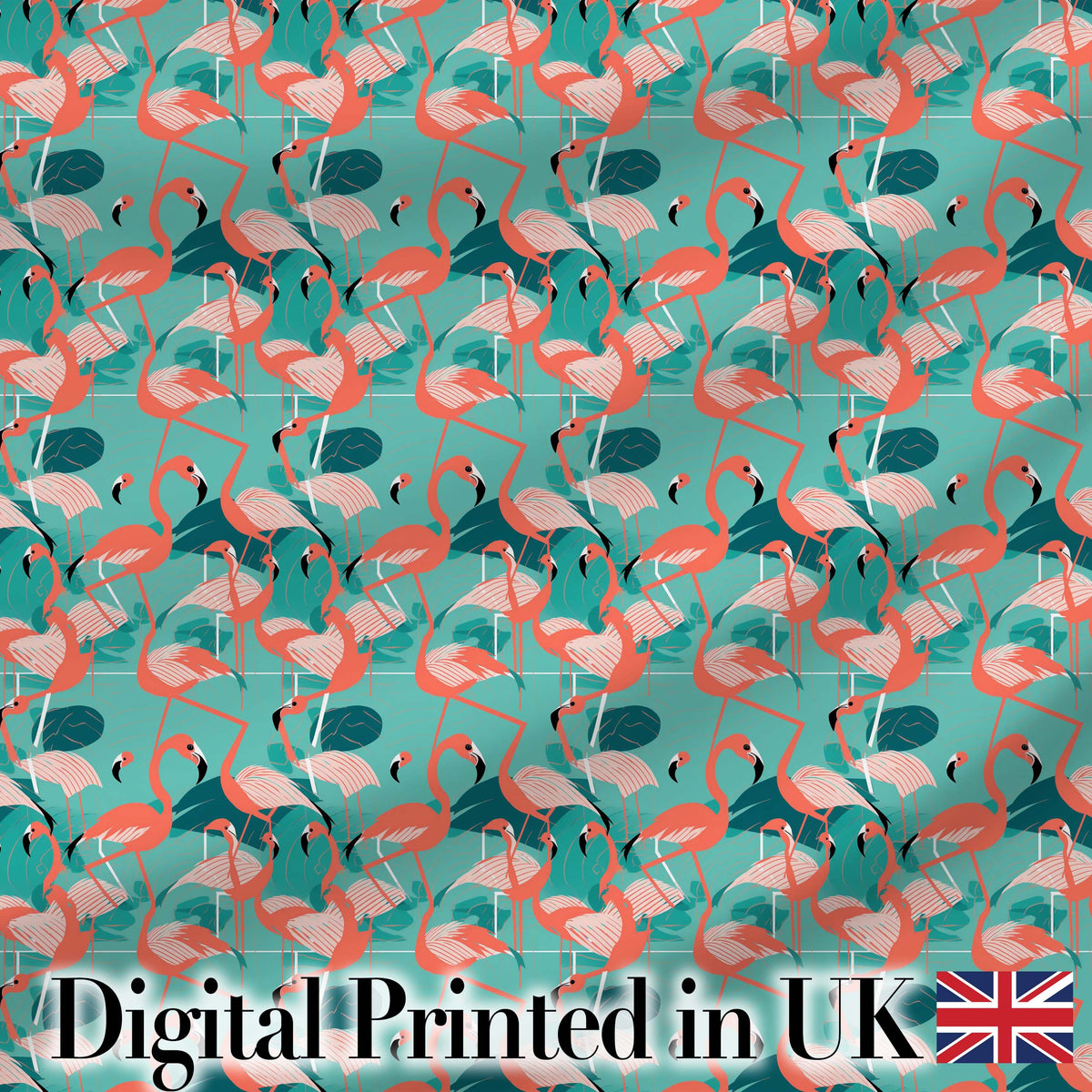 Modern Flamingo Birds with Teal Tropical Leaves Seamless Pattern Digital Print Fabric by the Metre UK Sewing Quilting Textile