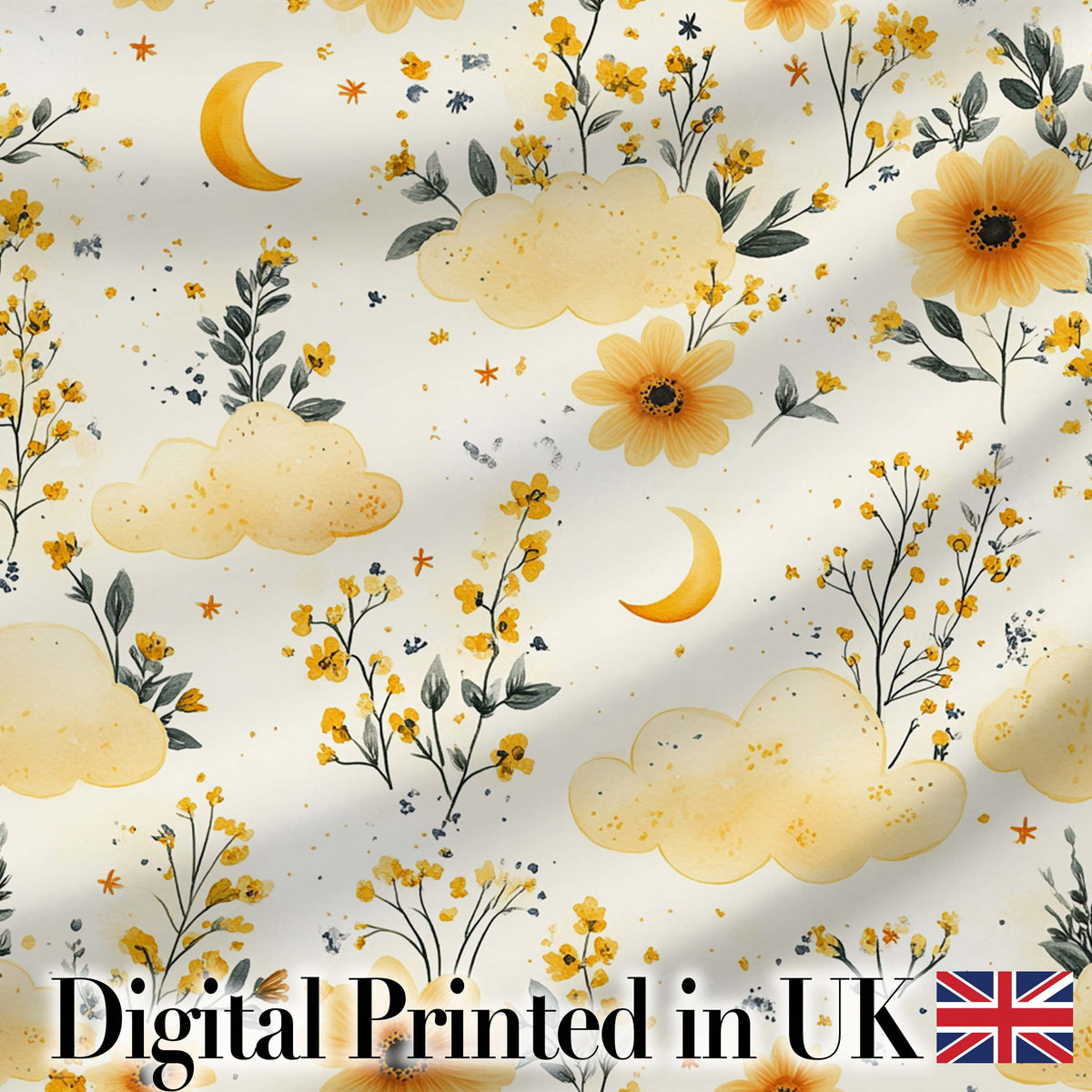 Soft Yellow Clouds Moon and Floral Dream Pattern Seamless Design Digital Print Fabric by the Metre UK Sewing Quilting Textile