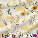Soft Yellow Clouds Moon and Floral Dream Pattern Seamless Design Digital Print Fabric by the Metre UK Sewing Quilting Textile