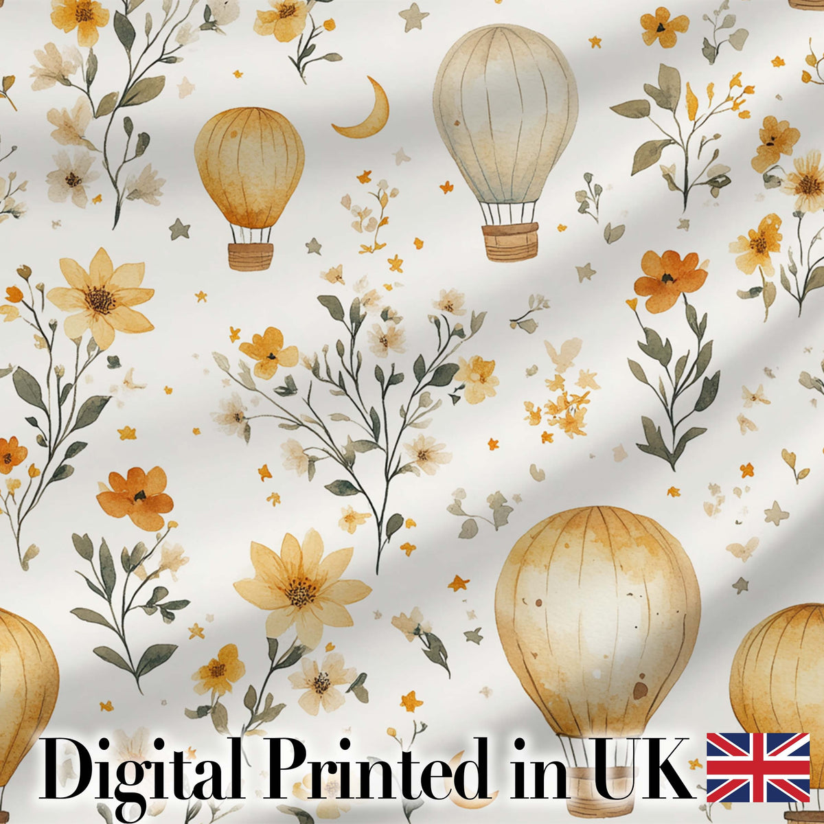 Vintage Hot Air Balloons with Floral Elements Seamless Pattern Digital Print Fabric by the Metre UK Sewing Quilting Textile