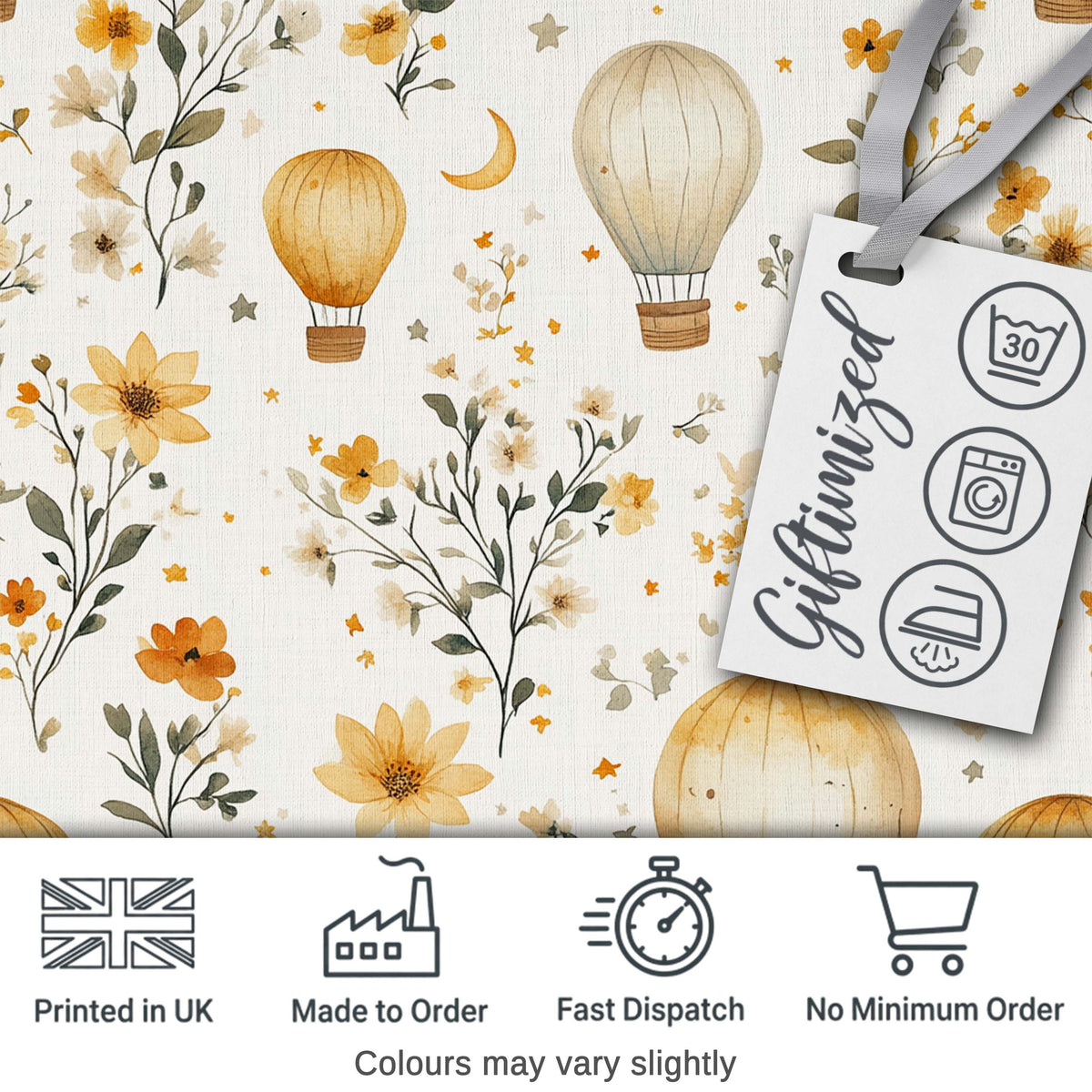 Vintage Hot Air Balloons with Floral Elements Seamless Pattern Digital Print Fabric by the Metre UK Sewing Quilting Textile