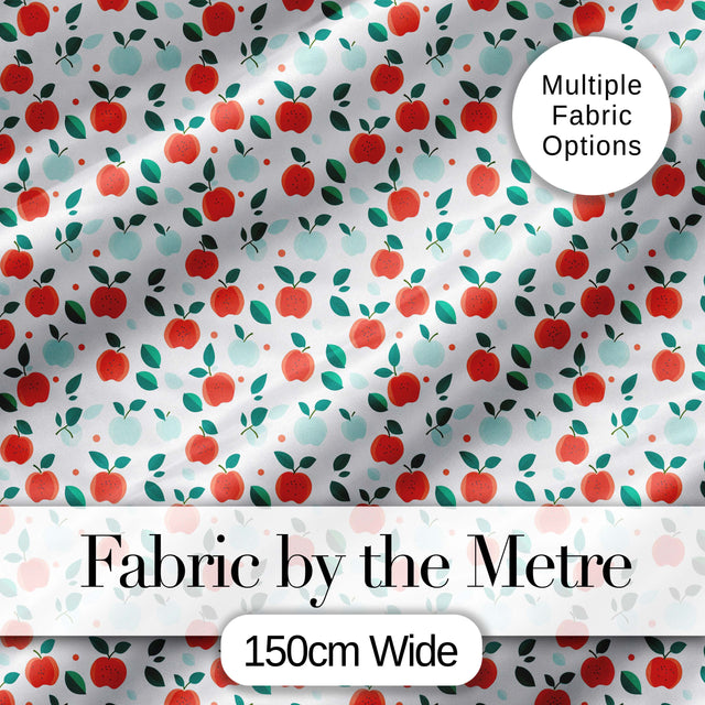 Modern Red and Teal Apples with Leaves Seamless Pattern Digital Print Fabric by the Metre UK Sewing Quilting Textile